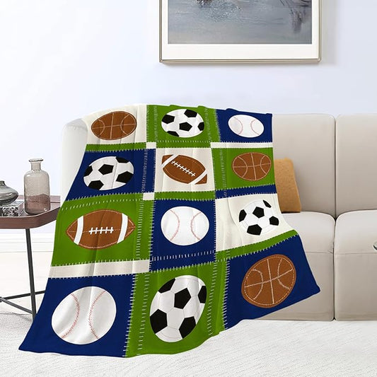 Ball Blanket Super Soft Warm Fluffy Fleece Flannel Baseball Basketball Soccer Football Sports Throw Blanket Cozy Fuzzy Plush Stuff Bedding Blankets Gifts for Teens Boys Kids Girls Adults 60"X50"