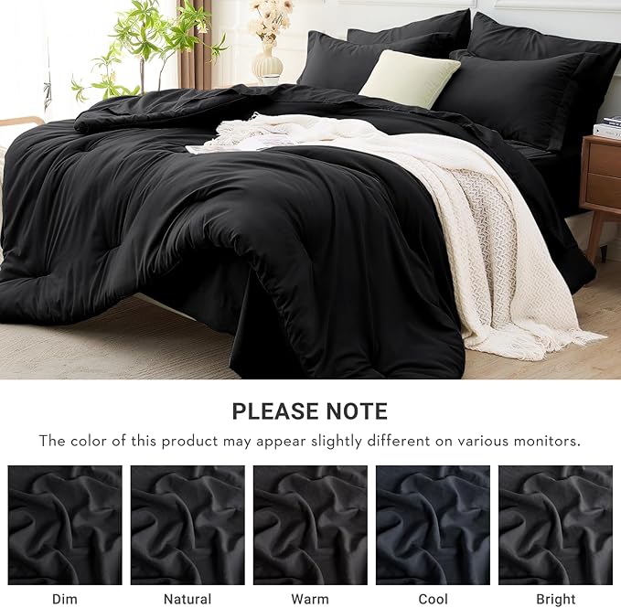 MUXHOMO 7 Pieces Full Comforter Set, Soft Bed in a Bag Full Size, All Season Bedding Set with Comforter, Flat Sheet, Fitted Sheet, Pillowcases & Shams, Black