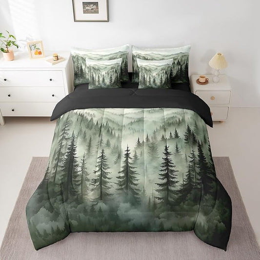 Erosebridal Smoky Mountain Bedding Set Full Nature Forest Green Comforter Set 7 Piece Rustic Woodland Botanical Pine Tree Bed in A Bag for Kids Adults Natural Jungle Plants Sheet Set with Comforter