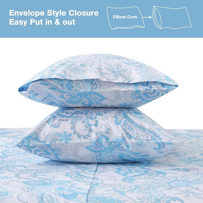 JSD Blue Paisley Sheet Set Twin Size, 3 Piece Soft Floral Printed Microfiber Sheets Extra Deep Pocket