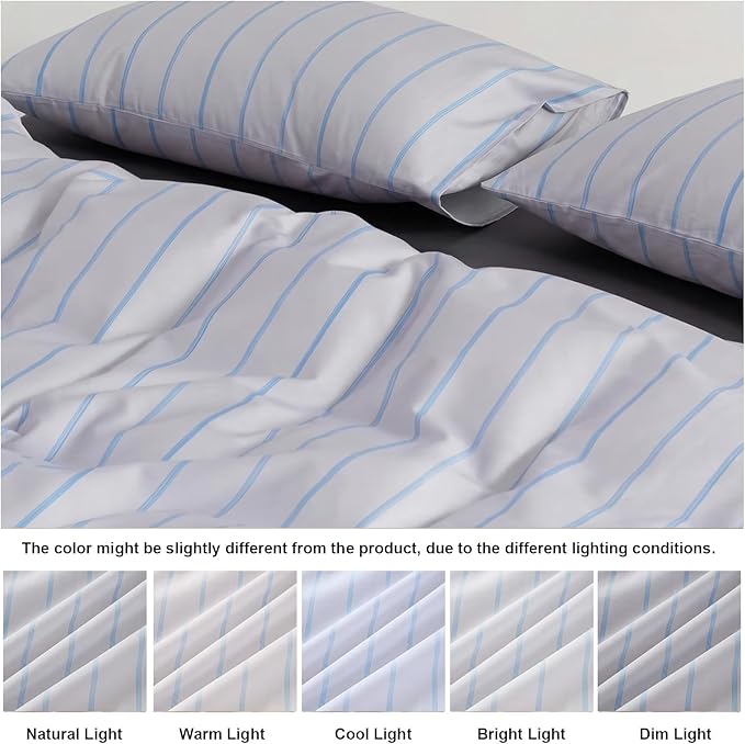 Bedbay Cotton Striped Duvet Cover Set Queen Size, Grey Blue Striped Bedding, 100% Cotton Sateen, Silky Soft Modern Minimalist 3 Piece Bedding Set for All Seasons