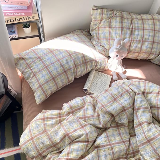 EAVD Vintage Style Buffalo Plaid Duvet Cover Set Queen Soft 100% Washed Cotton Chic Blue&Yellow&Brown Grid Plaid Bedding Set with 2 Pillowcases Farmhouse Gingham Duvet Cover with Zipper Closure