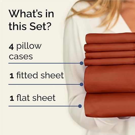 Full 6 Piece Sheet Set - Comfy Breathable & Cooling - Ultra-Soft Hotel Luxury Bedding Set with 8-16 Inch Deep Pockets - 1 Flat & 1 Fitted Sheet & 4 Pillowcases - Wrinkle Free & Easy Care - Terracotta