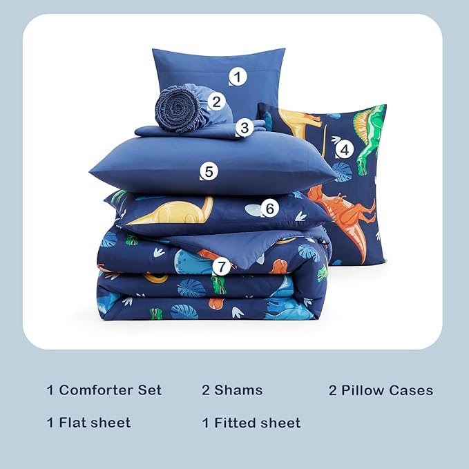 Full Comforter Set for Boys Kids - 7 Pieces Navy Dinasour Full Size Bedding Sets for Kids, Soft Cozy Bed in A Bag with Sheets