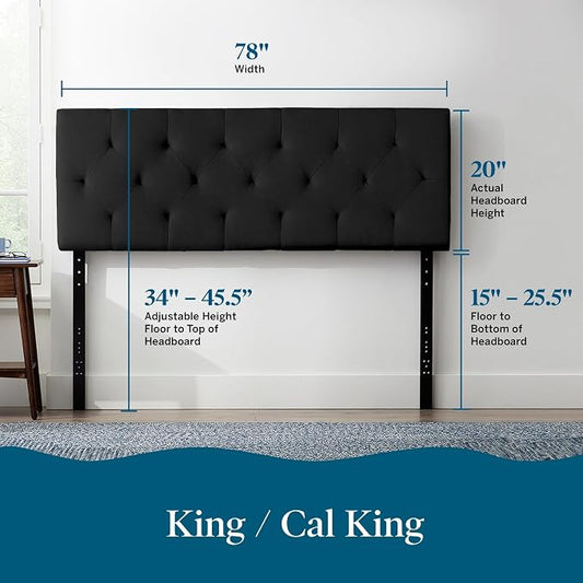 Lucid Mid-Rise Upholstered Headboard - Diamond Tufted - Padded Polyester - Adjustable Height from 34” to 46” - Easy Assembly - Bed Frame or Wall Mount - Sturdy - Black - King / Cal King Size