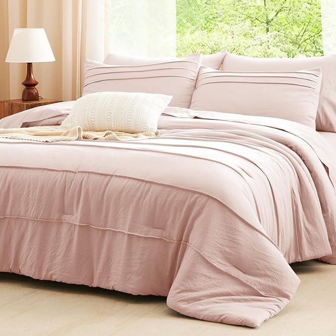 CozyLux King Size Comforter Set Pink, 7 Pieces Soft Pinch Pleat Bed in a Bag King Comforter Set with Sheets, Boho Bed Set with Down Alternative Comforter, Sheets, Pillowcases & Shams