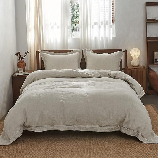Simple&Opulence 100% Linen Duvet Cover Set with Embroidery Border Washed - 2 Pieces (1 Duvet Cover & 1 Pillow Sham) with Button Closure Soft Breathable Farmhouse - Linen, Twin Size