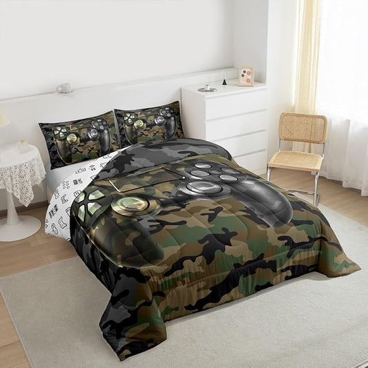 Feelyou Kids Gamer Comforter Set Camouflage Gaming Bedding Set for Boys Teens Bedroom Green Black Camo Video Game Decor Comforter Gamer Console Quilt Set Queen Size Duvet Quilted 3Pcs
