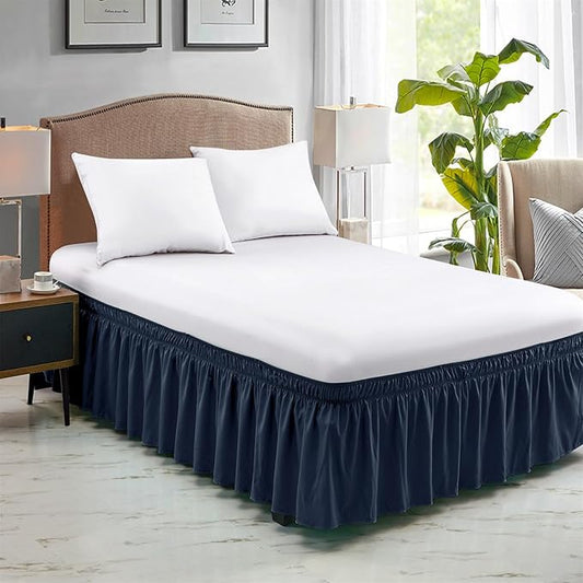 FreshCulture Elastic Wrap Around Bed Skirt - Easy Fit with 22-Inch Tailored Drop, Hotel Quality Dust Ruffle for Full Size Bed (Navy Blue)