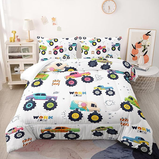 Kids Comforter Set for Boys,Cartoon Monster Car 3 Pieces Bedding Set Full,Colorful Off-Road Vehicle All Season Soft Microfiber Down Alternative with 2 Pillowcases
