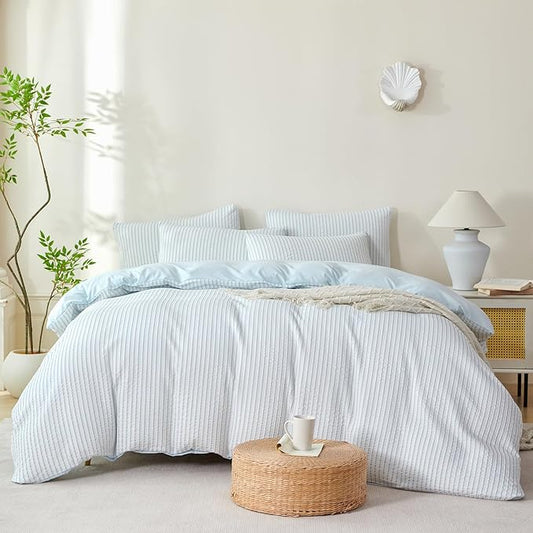 Comforter King Set Light Blue Striped Soft Luxury Washed Microfiber Jacquard 3 Pieces Bedding, Light Blue Vertical Ticking Stripes Pattern Comforter with 2 Pillowcases Breathable Durable Comfy