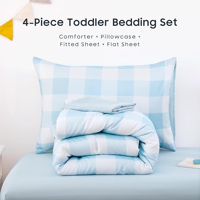 Wake In Cloud - Gingham Toddler Bedding Set for Girls Boys, Cute Plaid Buffalo Check, 4 Pieces Soft Crib Bed Set Including Comforter, Sheets and Pillowcase, Light Blue