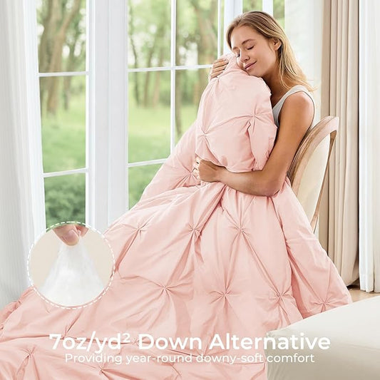 Sasttie Twin Comforter Set, 5-Piece Bed in a Bag, Pintuck Bedding Sets for All Season, Includes Comforter, Flat Sheet, Fitted Sheet, Pillowcase and Pillowsham, Blush Pink