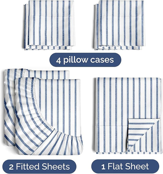 Split King 7 Piece Sheet Set - Comfy Breathable & Cooling - Soft Hotel Luxury Bedding Set w/ 8-16 Inch Deep Pockets - 1 Flat & 2 Fitted Sheet & 4 Pillowcases - Cozy and Wrinkle Free - Blue Stripes 2