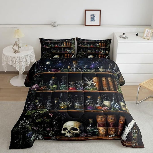 Sugar Skull Comforter Set King Size,Retro Wooden Bookshelf Bedding Set 3Pcs for Kids Teens Girls Boys Room Decor,Magical Gothic Style Quilted Duvet Boho Floral Down Comforter,2 Pillowcases