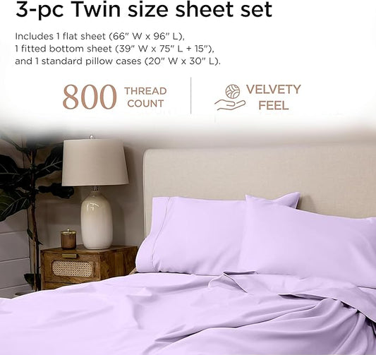 Threadmill Sheets for Twin Mattress | 800 Thread Count Twin Bed Sheets Set with 15” Deep Pocket | Sateen Weave, Better Than Egyptian Cotton, 3-Piece Bedding Set with Cooling Effect | Lilac