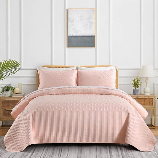 Yiran Blush Pink Quilt Set Queen Size, 3 Piece Reversible Bedspreads Bedding Set, Fall Wave Striped Pattern Coverlet for All Season with 2 Pillow Shams (Full/Queen, 96x90 Inch)