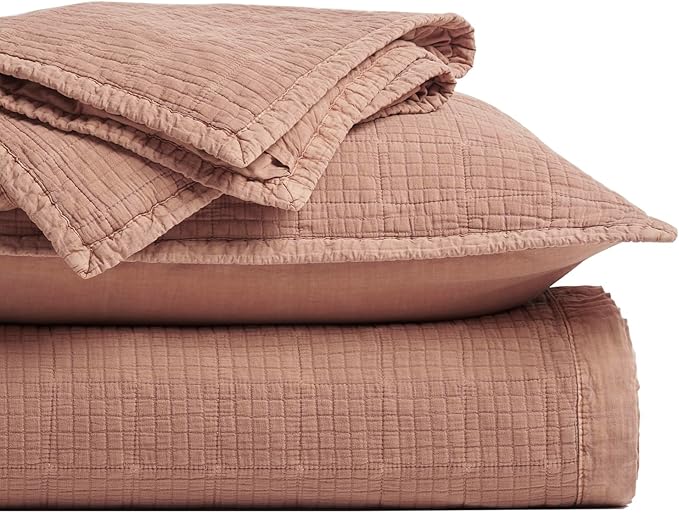 EVERGRACEHOME Stonewashed Cotton Quilt Set King Size, Ultra Soft Oversized Bedspread Coverlet Set, Lightweight Crinkle Box Stitch Bedding Sets for All Season, with 2 Shams, Terracotta Clay