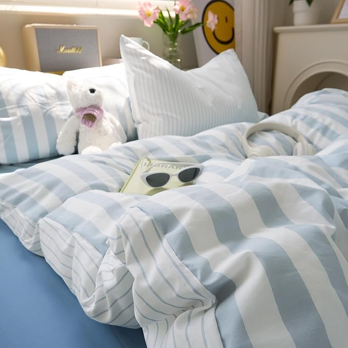 EAVD Retro Blue Striped Duvet Cover Twin Soft Washed Microfiber Reversible Vertical Striped Percale Bedding Set with 2 Pillowcases Farmhouse Geometric Pattern Duvet Cover with Zipper Closure