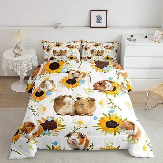 Castle Fairy Guinea Pig Comforter Set Twin Size,Sunflower Floral Leaves Botanical Bedding Set 2Pcs for Kids Girls Boys Adult Room Decor,Cute Pet Animals Quilt Set White Soft Duvet Insert,1 Pillowcase
