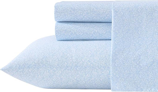 Laura Ashley - Twin XL Sheet Set, Crisp & Cool Cotton Percale Bedding with Deep Pockets, Lightweight for Year Round Comfort, Bed Sheets with Matching Pillowcases (Maeve Blue)