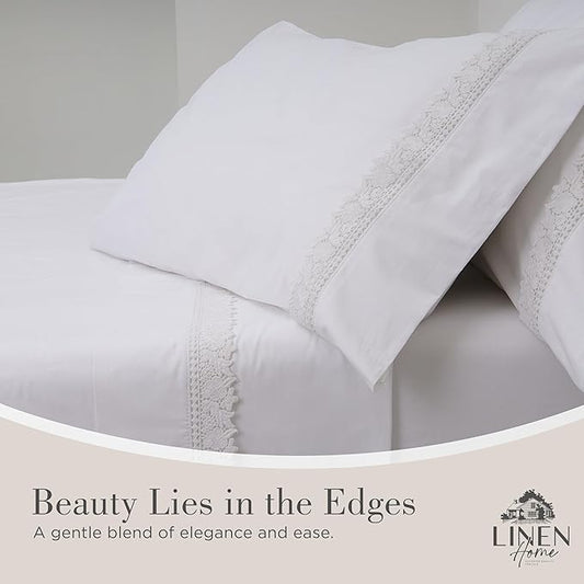 Linen Home 100% Cotton Percale Gardenia Lace Pillowcases King Size, White, 2 Pieces of Pillow Case, Crisp and Cool Strong Bed Linen, 20 inches X 40 inches
