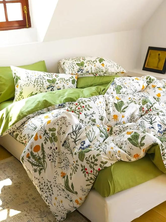 Houseri Green Floral Comforter Set Queen Yellow Small Flowers Botanical Bedding Sets Queen Teen Girls Women Rustic Green Leaves Boho Comforter Queen Size Farmhouse Bed Comforter Blanket Quilt Queen