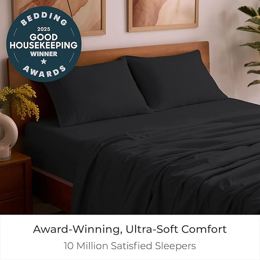 Mellanni Twin XL Sheet Set - 4-Piece Iconic Collection Bedding, (Including 2 Pillowcases), 16-Inch Deep Pocket, Easy Care, Extra Soft, Cooling Sheets, Brushed Microfiber - Black