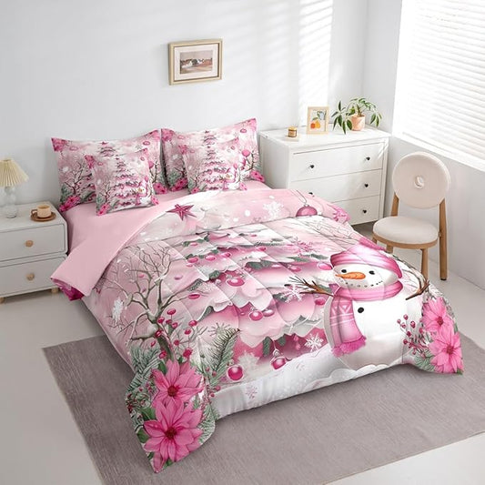 Pink Christmas Tree Comforter Set 7 Pieces,Cute Snowman Winter Bed Set,Xmas Theme Flowers Leaves Bedding Queen with 1 Comforter,1 Fitted Sheet,1 Flat Sheet,2 Pillowcases,2 Throw Pillow Cover