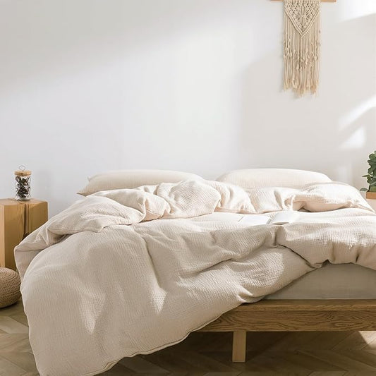 VM VOUGEMARKET Beige Duvet Cover Queen Size - 3 Pieces Muslin Cotton 3-Layer Guaze Textured Bedding Set,Includes 1 Duvet Cover 90x90 Inches with Zipper Closure & 2 Pillowcases