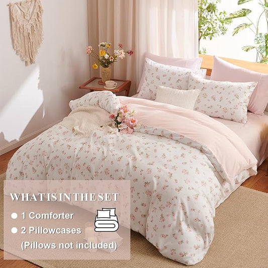 Floral Comforter Set Full Size - 3 Pieces Pink White Floral Comforter Bedding Sets Reversible Pattern,Full Bed in a Bag with Flowers Comforter and 2 Pillowcases