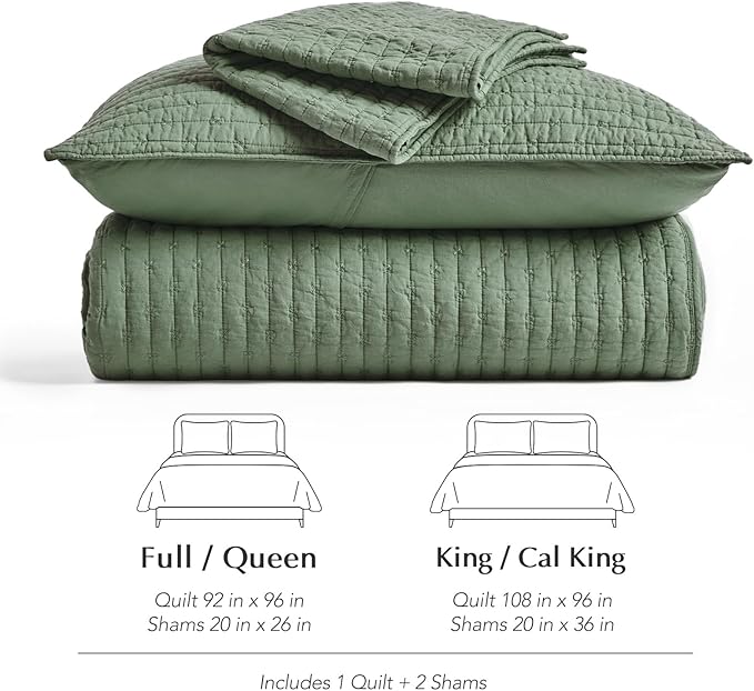 EVERGRACE Cross Stitch Pre-Washed Cotton Quilt Bedding Set King Size, Oversized 3 Pieces Lightweight Bedspread Coverlet for All Season, with 2 Matching Shams, Olive Green,108"x96"