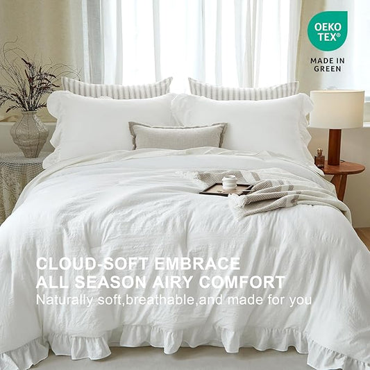 White Ruffle Comforter Set Queen, Pre-Washed Shabby Chic Bedding Set, Lightweight Cottagecore Soft Romantic Cozy 1 Comforter & 2 Shams, All-Season