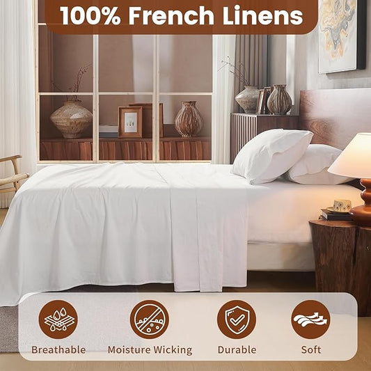 100% Linen Sheets King Size,Breathable & Durable 4-Piece Bed Flax Sheet Set,Soft All-Season Bedding for Hot Sleepers 16" Deep Pocket Oeko-TEX Certified,(King, White)