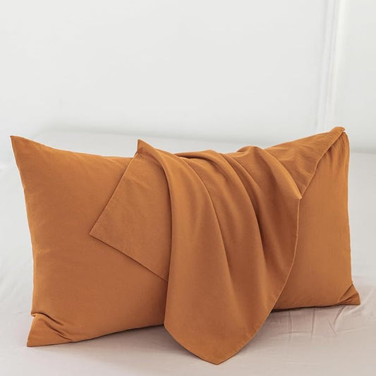 MooMee Bedding Pillowcases Pack of 2 100% Washed Cotton Linen Like Textured Breathable Durable Soft Comfy (Solid Burnt Orange, King)
