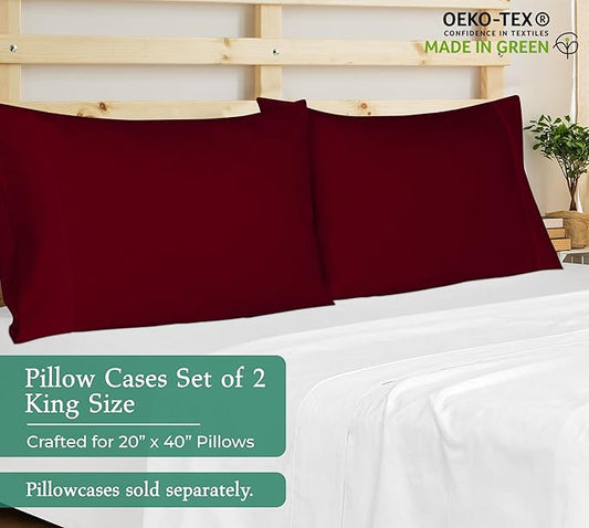 Royale Linens King Pillowcase Set of 2 - Bed Pillow Cover - 20" x 40" - Red Pillowcases - 1800 Brushed Microfiber, Wrinkle & Fade Resistant - Soft & Cozy- King Size Pillow Case (Burgundy)