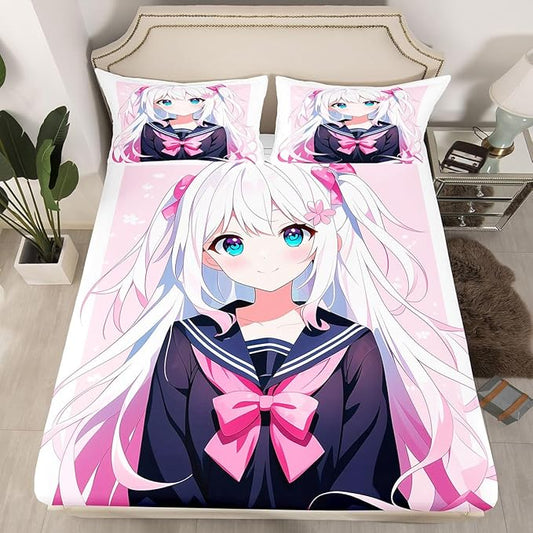Kawaii Japanese Anime Bedding Set Queen - 3D Style Bed Sheets - Sailor Suit Girl Design - 3 Pieces, No Flat Sheet