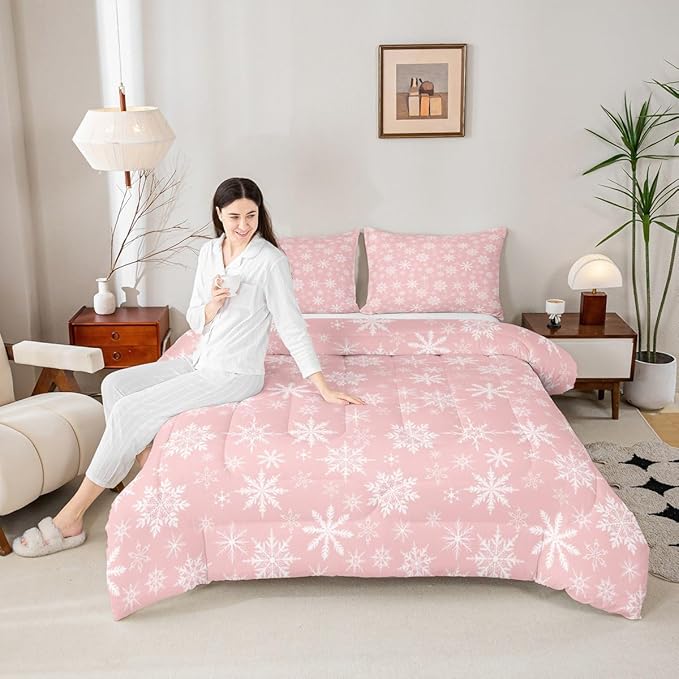 Erosebridal Pink Christmas Comforter Set King Girly Romantic Snowflake Duvet Insert Princess Winter Quilt Girls Modern Style Bedding Set Bedroom Decor Pink Floral Bedding Set & 2 Pillowcases