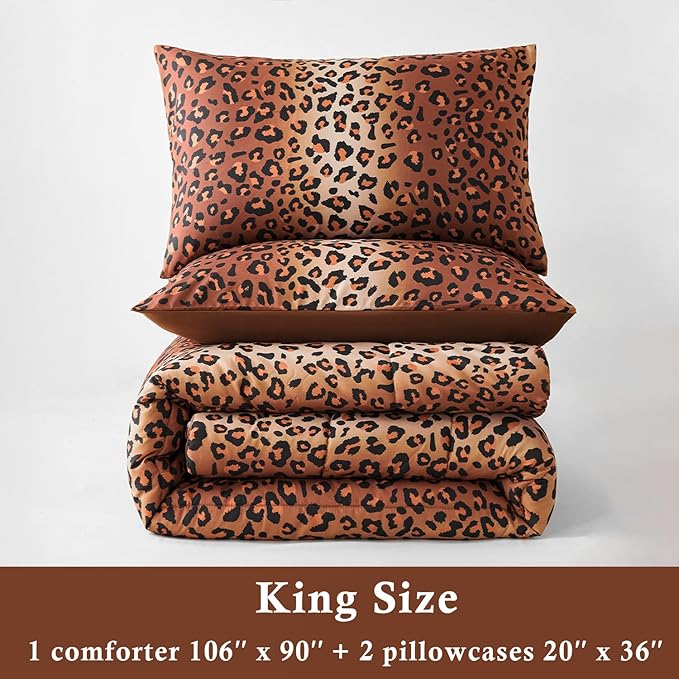 PERFEMET Leopard Print Bedding Set King, 3 Pieces Animal Cheetah Print Comforter Set with 2 Pillowcases, Soft Fluffy Farmhouse Leopard Pattern Bed Set for All Season (Brown, King)