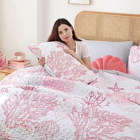 weigelia Coastal Quilts Bedding Set Twin Size - Pink Summer Nautical Bedding Quilt with Pillow Cases, Beach Reversible Quilt Set Bedspreads Coverlet Soft Lightweight Comforter