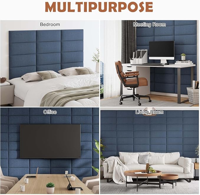IFNOW Wall Mounted Headboard, Peel and Stick Panels, Blue, Queen | 3D Soundproof Acoustic Padding, Reusable and Removable Tufted fabric Bed Headboard for bedroom (9 Panels, 10" x 24")
