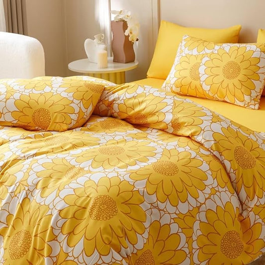 CLOTHKNOW Yellow Sunflower Twin Comforter Set Floral Bedding Comforter Sets Soft All Season Boho Comforter with 2 x Pillow Cases