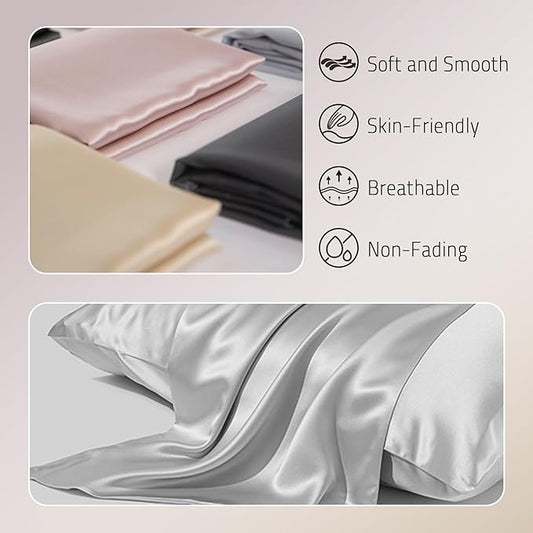 Mulberry Silk Pillowcases Set of 2, Both Sides Real Silk Pillowcase for Hair and Skin Cool Organic Silk Pillow Cases 2 Pack with Hidden Zipper, Silver Grey, Standard (20"ร26")