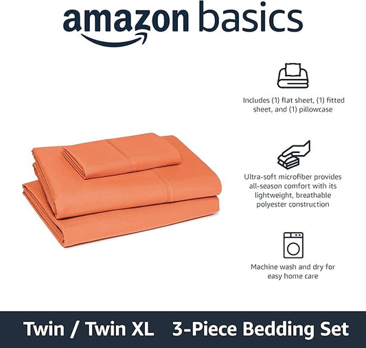 Amazon Basics Lightweight Super Soft Breathable Wrinkle-Free Microfiber 3-Piece Bed Sheet Set, Twin XL, Brick, Solid