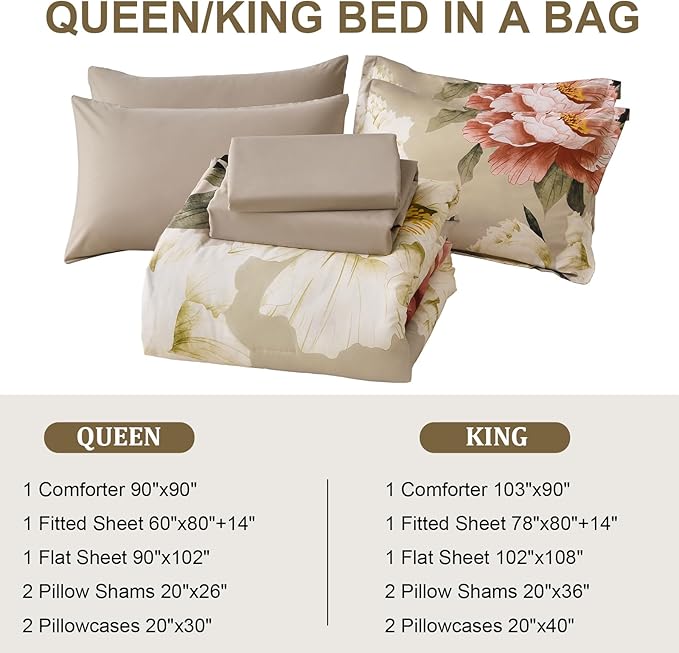 Dobuyly King Size Comforter Set 7 Piece Bed in a Bag, Pink Floral Printed on Khaki Comforter Set with Sheets, Soft Microfiber Botanical Farmhouse Bedding Set for All Season