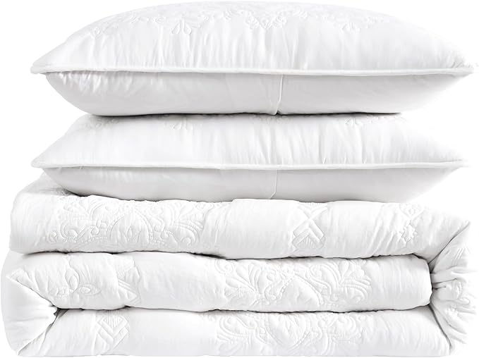 B2EVER Boho White Quilt Queen Size Bedding Sets with Pillow Sham, Bohemian Lightweight Soft Bedspread Coverlet, Farmhouse Floral Vintage Thin Comforter Bed Cover for All Season, 3 Pieces, 90x90 inches