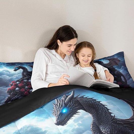 Castle Fairy Dragon Comforter Set for Kids,Halloween Skull Bedding Set Teens Boys Room Decor,Romantic Red Rose Comforter with 1 Pillowcase for All Seasons,Twin