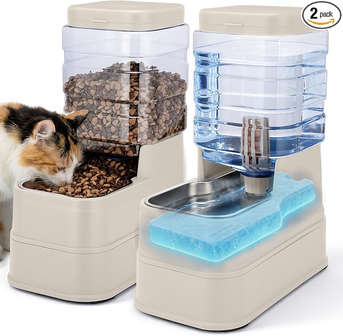 2 Pack Automatic Cat Feeder and Water Dispenser 1.3Gallon Dog Gravity Food Feeder and Water with Ice Pack Stainless Steel Dry Food and Waterer Bowl for Small Medium Large Pets (Cream)