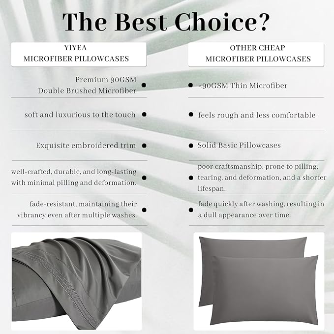 YIYEA Pillow Cases Queen Size Set of 4, Ultra Soft 1800TC Hotel Quality Double Brushed Microfiber Embroidered Pillowcases, Envelope Closure, Fade Resistant (20"x30", Dark Grey)