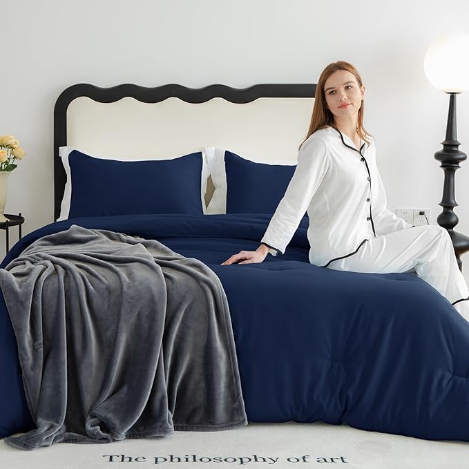 CozyLux Twin/Twin XL Comforter Set Navy Blue, 2 Pieces Twin Extra Long Solid Breathable Bedding Sets for College Dorm, Luxury Soft Bed Set with Down Alternative Comforter and 1 Pillowcase All Seasons